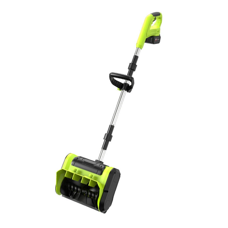 Green and black cordless snow shovel with long shaft and auxiliary handle, on a white background