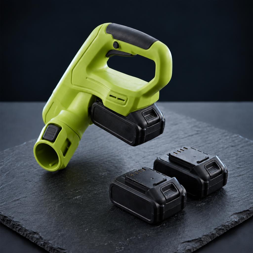 Two black removable batteries beside the green snow shovel