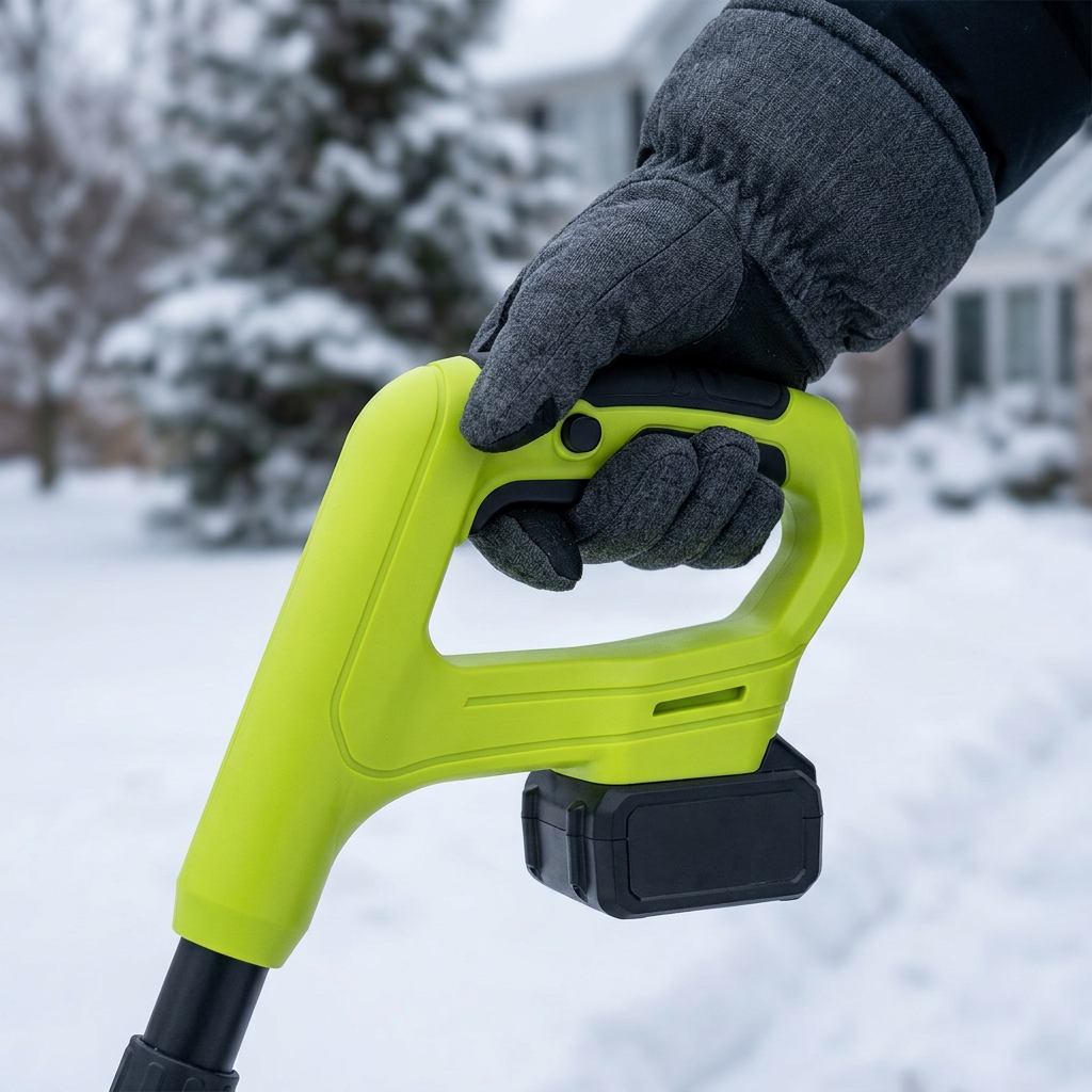 Close-up of a gloved hand gripping the green snow shovel handle