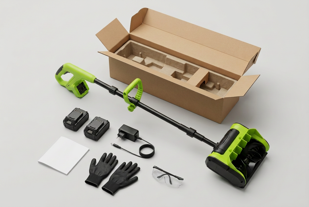 Open cardboard box with green snow shovel, two separate batteries, charger, gloves, safety glasses and instruction booklet arranged on a white surface