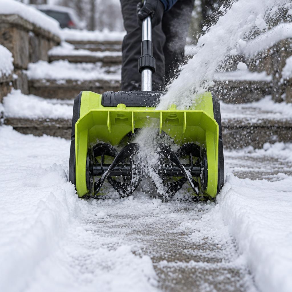 Close-up of the green shovel throwing snow beside outdoor steps